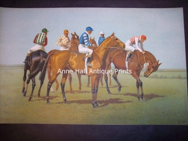 beautiful color lithograph of jockeys on their horses, getting ready for horse racing derby.