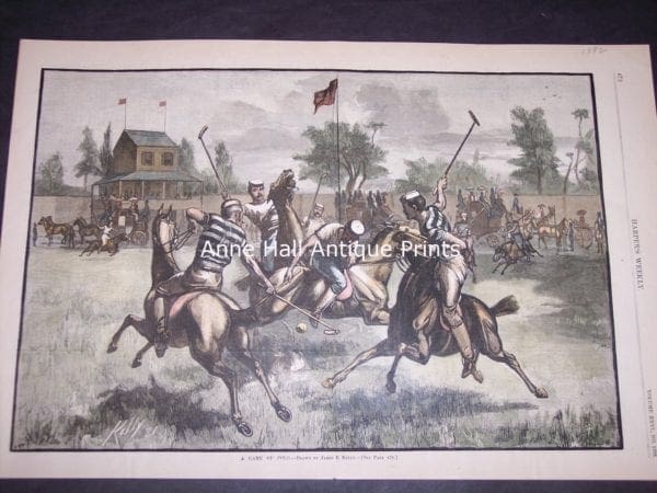 Rare mid 19th century engraving of polo match, hand colored, from 1882