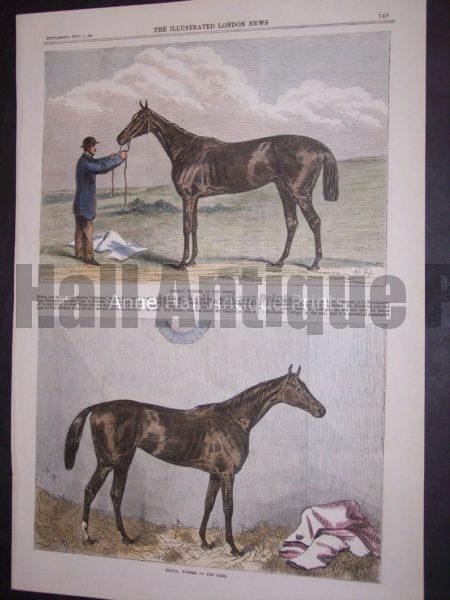 1867 engraving of thoroughbred racing horses, with groom.