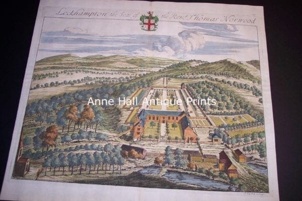 Leckhampton Seat of Norwood, ias an antique engraving from 1708.  Johanne Kip, an architect and illustrator, features landscapes & seats of 18th century noblemen.