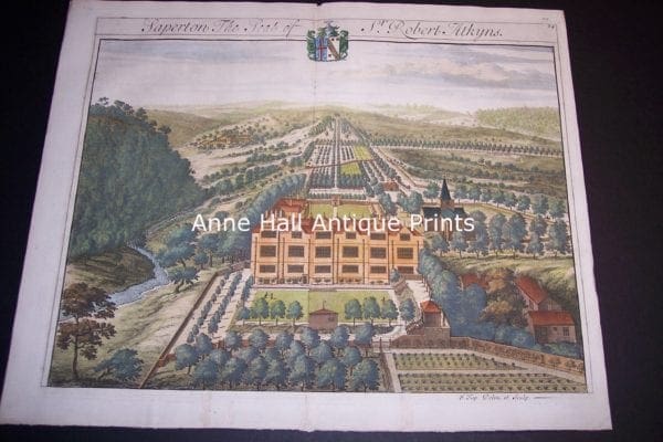 Johannes Kip's, Sapperton the Seat of Atkyns, is early 18th century nobleman's hunting estate in Great Britain showing vast landscaped gardens and Mansion or country home.