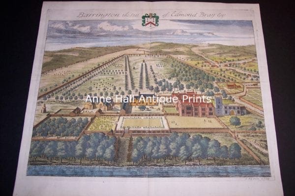 This is a rare landscape gardening engraving from the 18th century of Barrington the Seat of Bray, by Johannes Kip, 1708.
