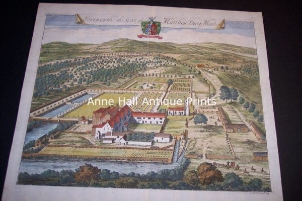 Wealth displayed from this snapshot engraving of a nobleman's estate in Britain in 1708. 300 year old engraving.
