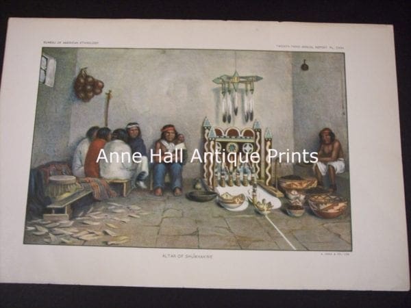 9889, American Indian, Head dresses and katchinas, old bookplate, from the BAE. American antique lithograph. produced for the US Bureau of American Ethnology.