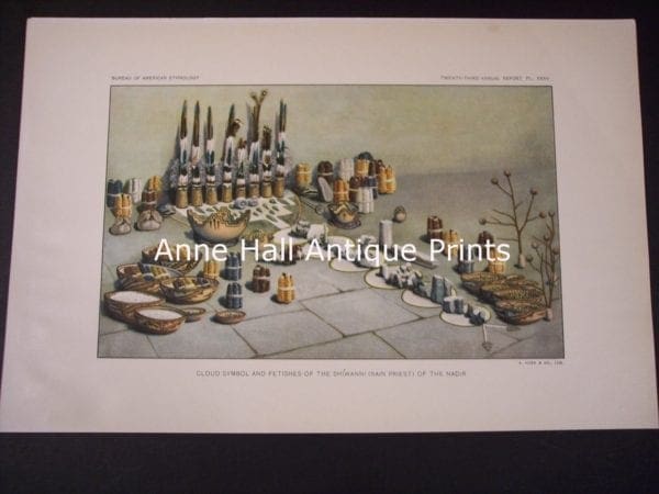 9891, American Indian, Head dresses and katchinas, old bookplate, from the BAE. American antique lithograph. produced for the US Bureau of American Ethnology.