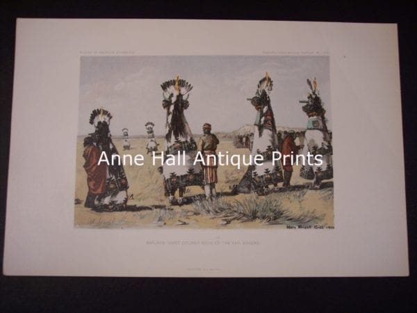 9892, American Indian, Head dresses and katchinas, old bookplate, from the BAE. American antique lithograph. produced for the US Bureau of American Ethnology.