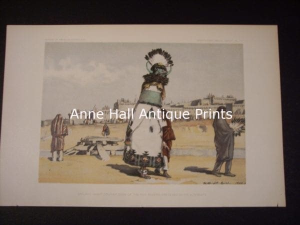 9893 American Indian, Head dresses and katchinas, old bookplate, from the BAE. American antique lithograph. produced for the US Bureau of American Ethnology.