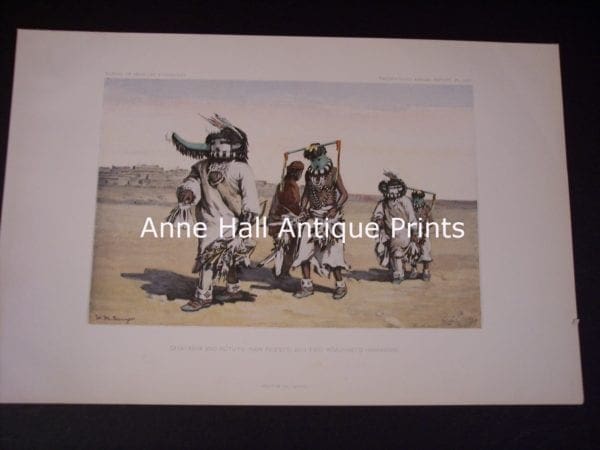 9894, American Indian, Head dresses and katchinas, old bookplate, from the BAE. American antique lithograph. produced for the US Bureau of American Ethnology.