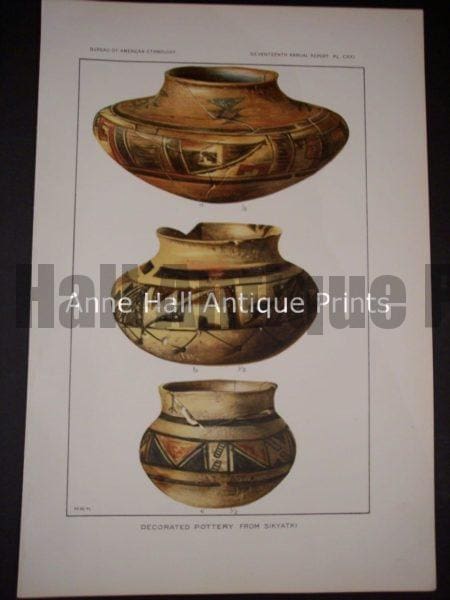 9900 is an old, American Indian, pottery, antique lithograph by the Bureau of American Ethnology which published c.1900.