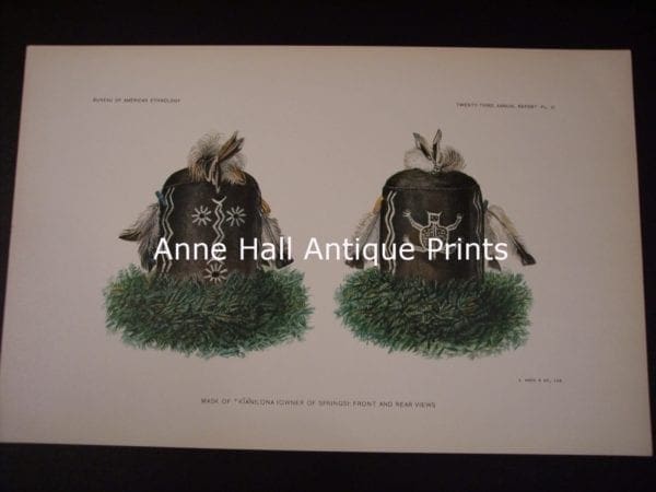 9904, American Indian, Head dresses and katchinas, old bookplate, from the BAE. American antique lithograph. produced for the US Bureau of American Ethnology.