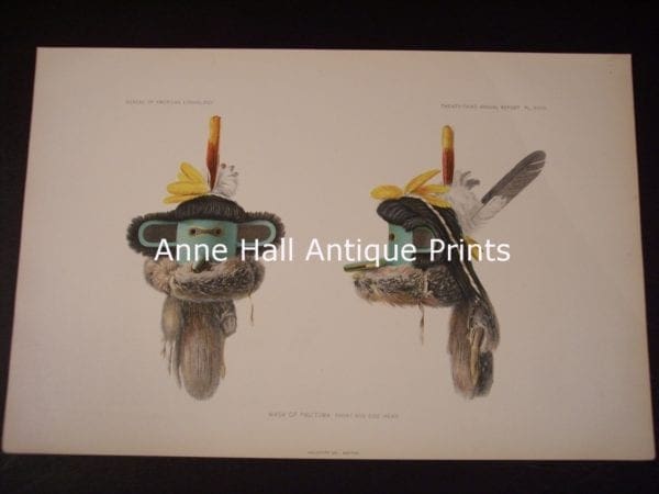 #9905, American Indian, Head dresses and katchinas, old bookplate, from the BAE. American antique lithograph. produced for the US Bureau of American Ethnology.