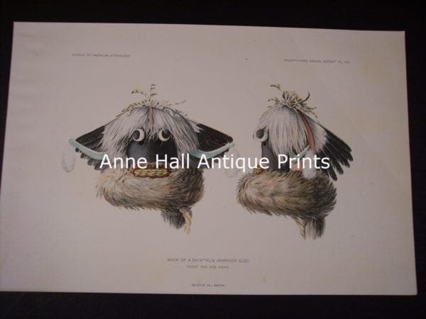 #9907, American Indian, Head dresses and katchinas, old bookplates, from the BAE. American antique lithograph. produced for the US Bureau of American Ethnology.