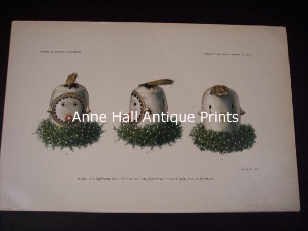 #9908, American Indian, Head dresses and katchinas, sourced 100 year bookplate, from the BAE. American antique lithograph. produced for the US Bureau of American Ethnology