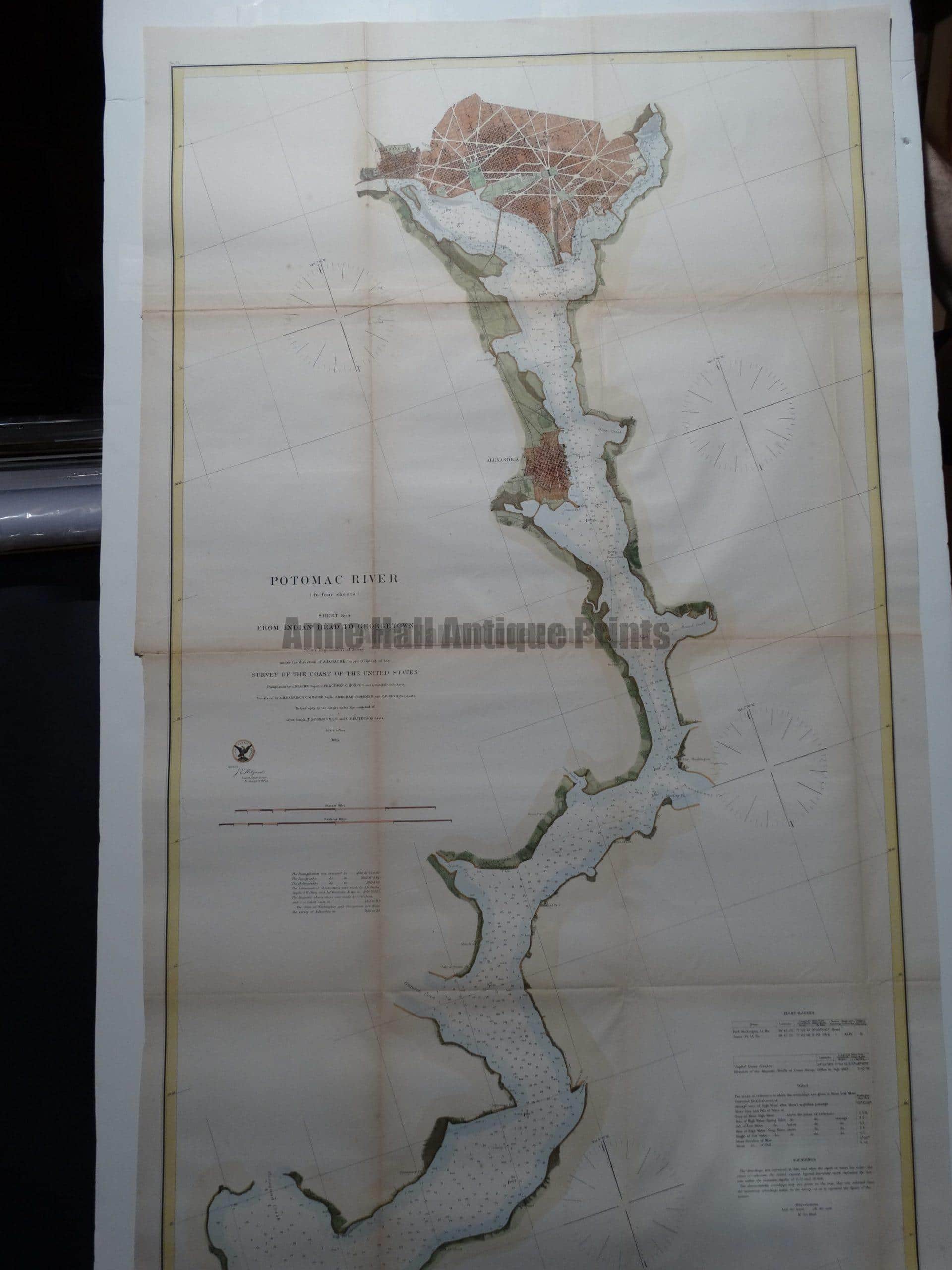 1864 USCS Chart Potomac River.  A superbly hand colored steel plate engraving published by the Unites States Coastal Survey in 1864.  Superb condition and fabulous hand coloring.  25" x 41.5"  $975.