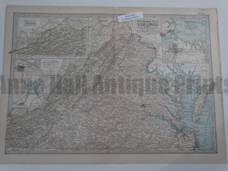 Century Atlas Virginia 1902. A lovely antique map, in excellent condition from 1902. Each and every color was applied with individual limestone plates. 12x16" 