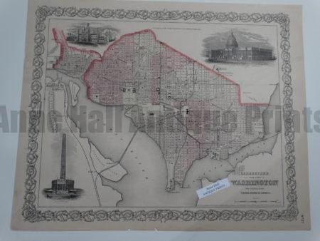 Colton Map Georgetown Washington Antique Map from 1855. A lightly hand colored steel plate engraving published in New York with vignettes of the Smithsonian Institute, Washington Monument and the Capitol. Excellent condition, 14x17 1/4" 