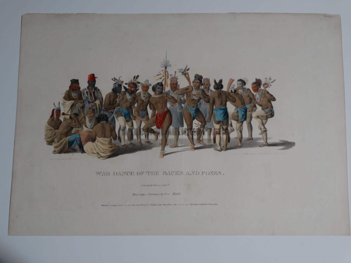 War Dance of the Sauks and Foxes. 1838-1842 Philadelphia. Folio McKenney & Hall Tribes of North America hand colored lithograph 13 1/2 x 19 1/4"