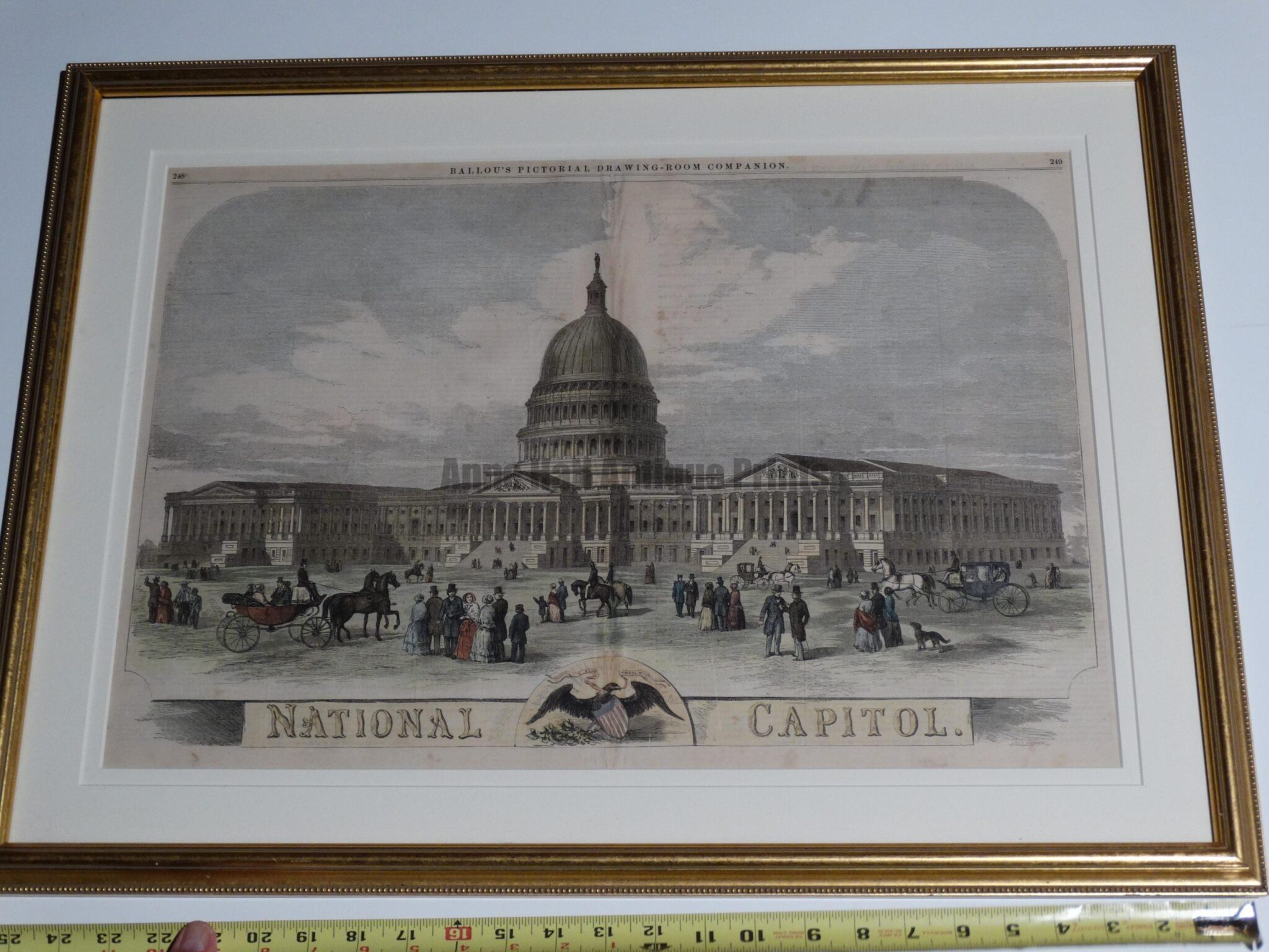 Washington DC National Capitol. Archival framing, hand colored wood engraving. 20 x27"