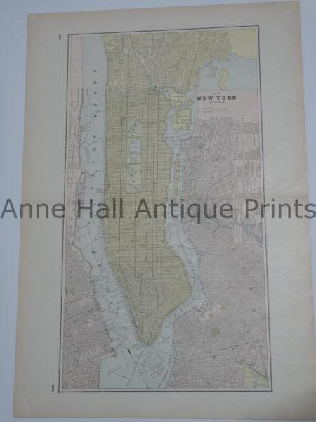 Large antique map of Manhattan from 1910. Muted pastel colors.