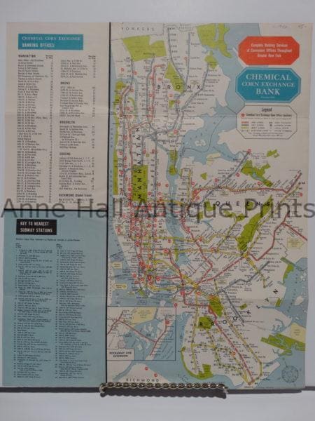 1940's map of Manhattan and Brooklyn which published for defunct financial institution named Chemical Bank.