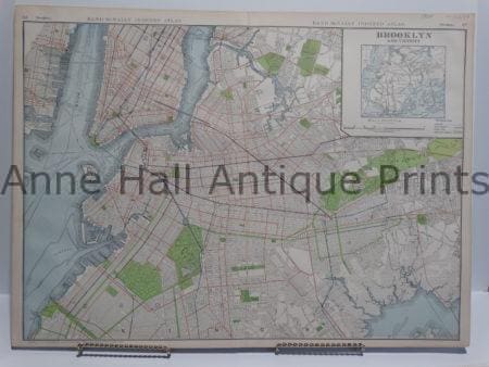 Antique map of Brooklyn in colors from 1909. Over 100 years old.
