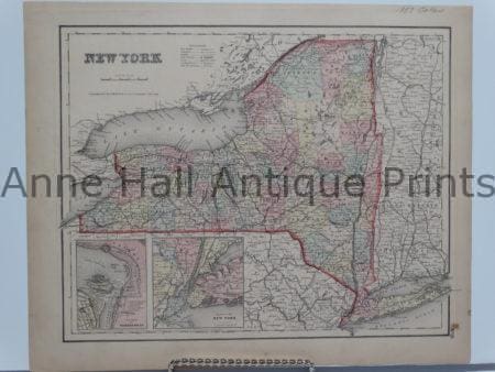 Beautiful watercolor map of New York state with city insets. Colton 1857.