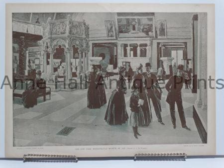 Half tone depiction of visitors viewing masterpiece paintings a the NY Met. Interior scene. Part photo called a halftone.