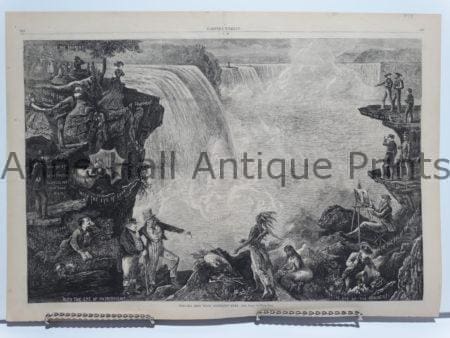 Imaginary collage of Niagara Falls depicting visitors including indians, lovers, tourists and Uncle Sam. Wedding destination.