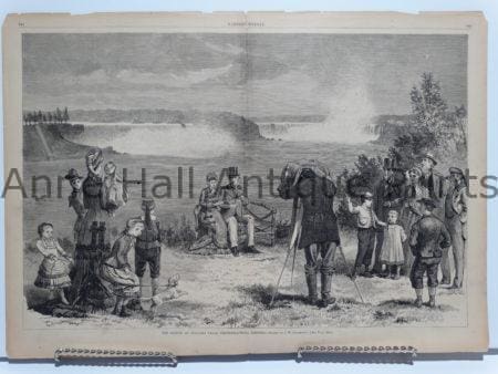 Perhaps the best 19th century engraving published of a photographer with his camera. Taking a photo of tourists at Niagara Falls.