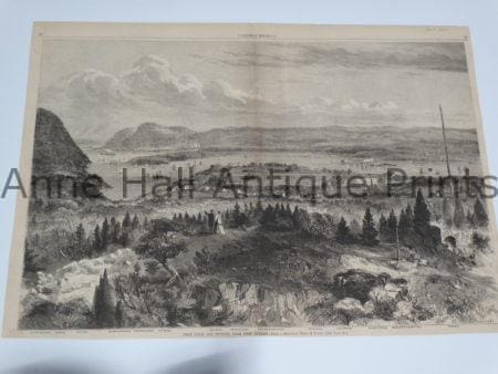 Beautiful 19th century woodcut engraving showing the area around West Point with panoramic perspective.