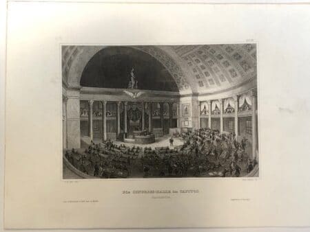 Inside the United States House of Representatives Chambers at the Washington DC Capitol building. Rare engraving, c.1850.