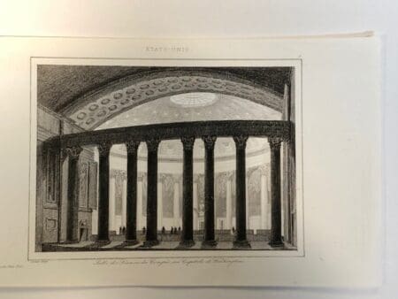 Rare antique engraving from the mid 19th century of the interior of America's Capitol, inside the dome in the hall.