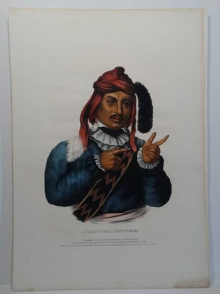 Seminole Indian of deer warrior. An 1843 hand-colored lithograph Philadelphia, by McKenney Halls.