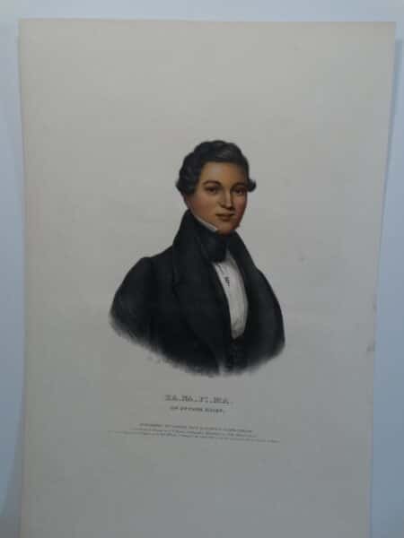 An 1842 hand colored lithograph of KA_NA_PI_MA, Chief of Ottawa Indians who signed away vast amounts of land to the United States.