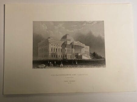 Rare engraving of the United States Capitol in Washington DC with the original dome c. 1850. Published Leizig for Panus Universum.