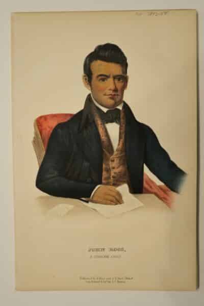 American Indian antique lithographs, by McKenney Hall, 1854-55, Joss Ross is in a suit writing the alphabet.