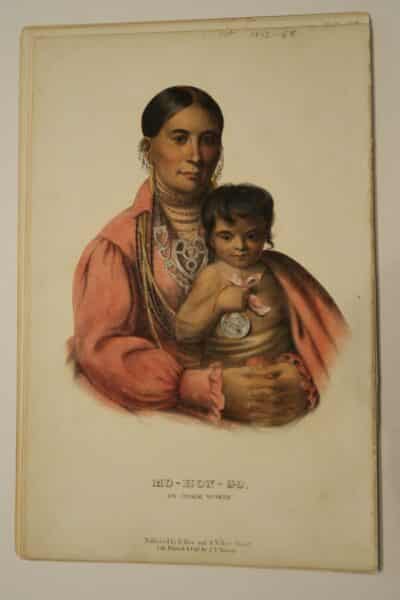 American Indian antique lithographs, by McKenney Hall, 1854-55, of Osage indian woman with beautiful child.