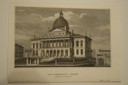 A wonderful antique engraving of Massachusetts Capitol, on Beacon Hill.