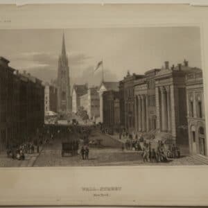 Meyers Engraving Wall Street published circa 1850, of Wall Street with many people outside and on the streets. The New York Stock Exchange is light by sunlight.