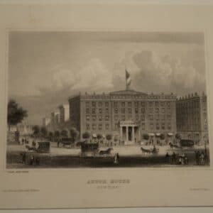 A rare, approximately 170 year old engraving of the (palace like) Astor House, New York City, with horses and carriages everywhere.
