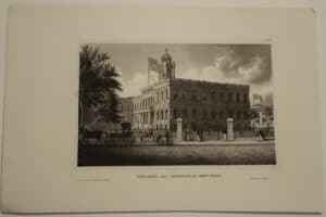 A strong strike, of a c.1850 engraving. Scene depicts City-Hall in New York City.