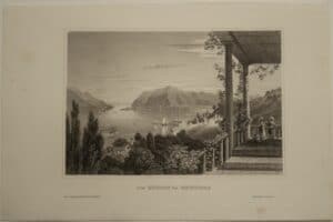 A nearly 170 year old antique engraving, of the Hudson River, from high altitude in Newburg. Meyer's view.