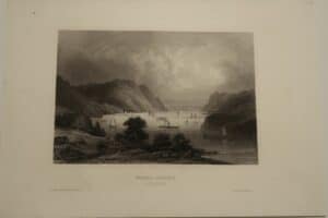 West-Point Hudson Engraving is a small c. 1850 engraving, West-Point on the Hudson River, NY. Many ships and beautifully lit palisades are shown.
