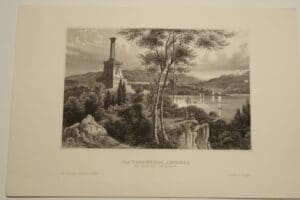 A beautiful antique engraving, c.1850, Meyer's Universum, ? of a memorial, in West-Point, Hudson River.