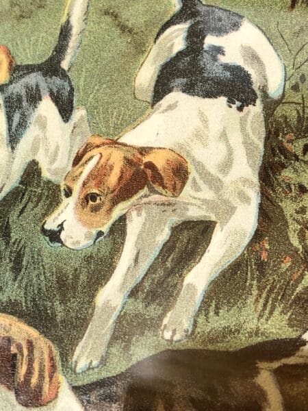 Examplary of the craftsmanship, in the lost art, of early color or chromo-lithography. In this antique equine equestrian foxhunting litho, each of the colors, had an individual limestome plates, in which the inks printed.