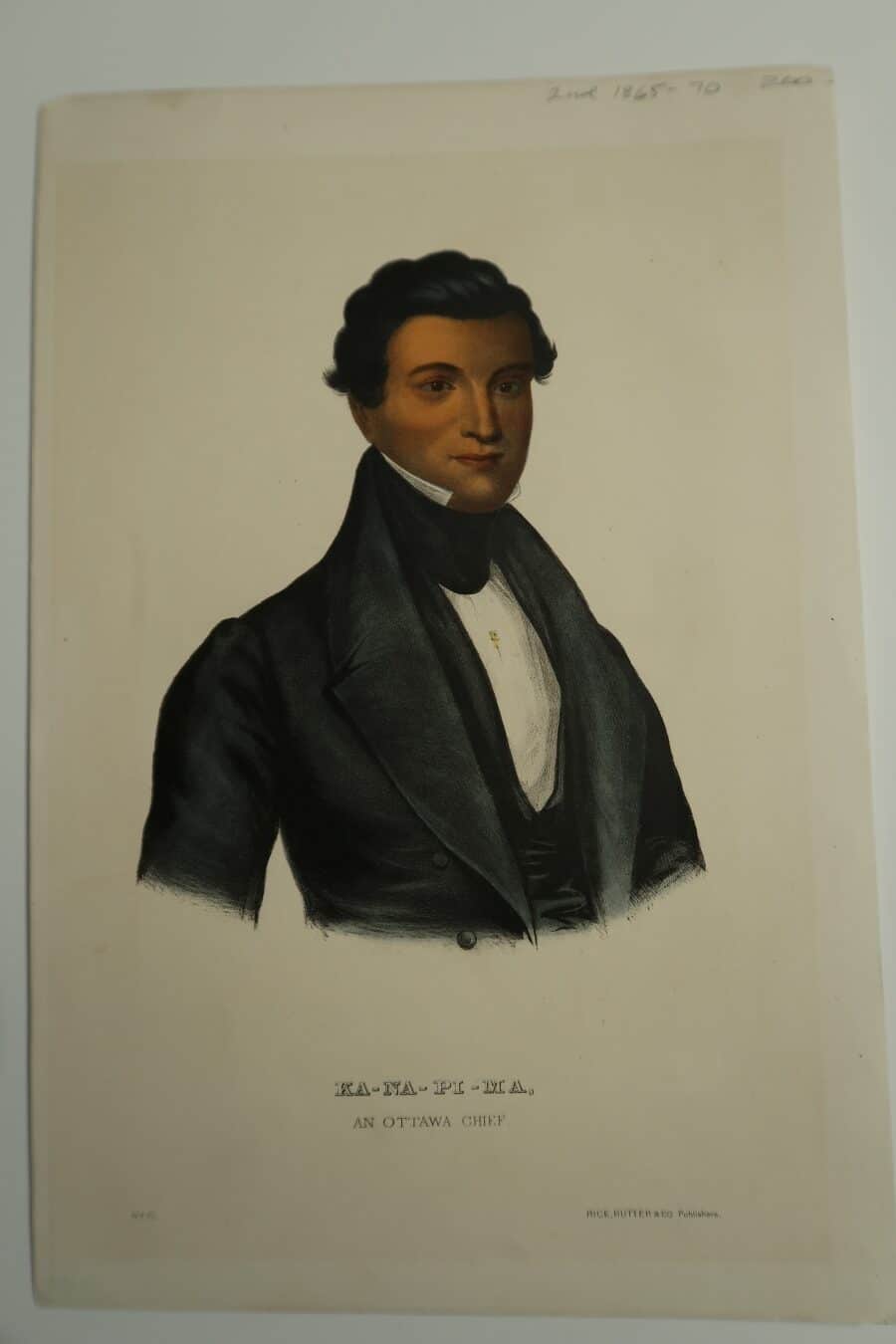 KA-NA-PI-MA, is an Ottawa Chief, is brilliant black jacket, hand-colored lithograph, from McKenney Hall's Tribes of North America.