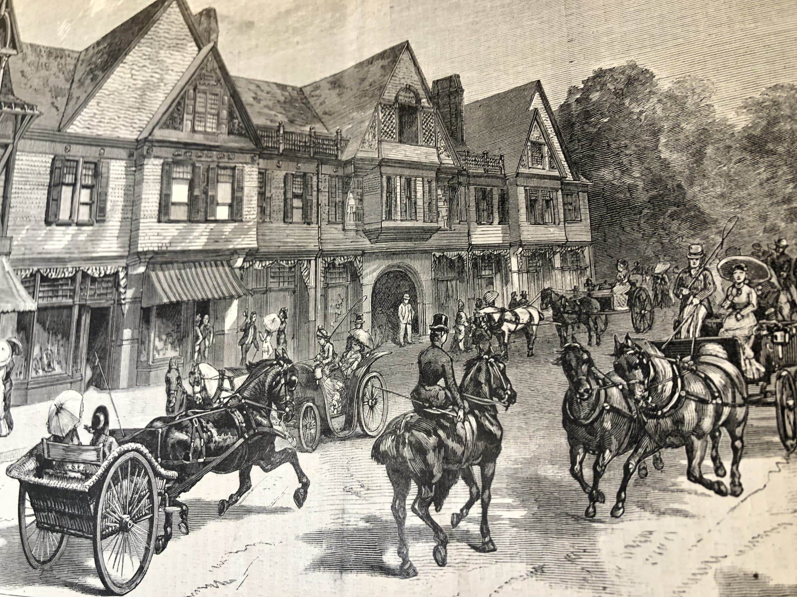 Early scene in Newport, Rhode Island, outside what is today, the Tennis Hall of Fame. In this antique engraving, from the 1880's the scene on Bellvue, was the Newport Casino. Women riding horses side saddle , Horses & carriages emmulate life in the 1880's in Newport.