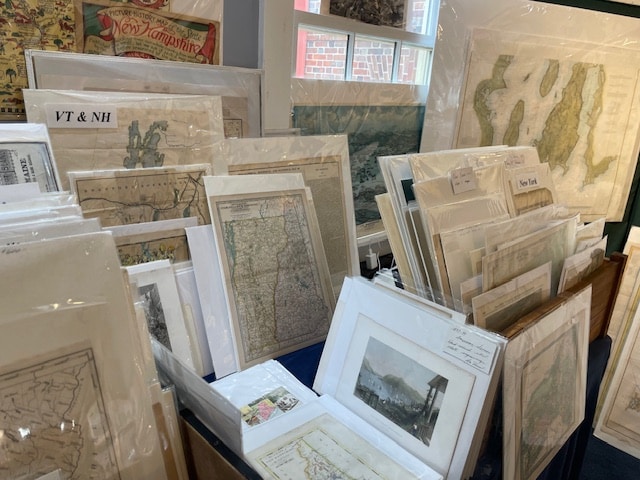 One nook to antique maps for customers to explore, at Anne Hall Antique Prints, Rare Maps Gallery in Newport RI. This great American antiques shop, offers of thousands of antique prints,  rare maps, and nature prints, over 100 years old. 