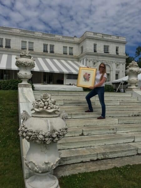 At the Newport Flower Show, long-time exhibitor & supporter, Anne Hall Antique Prints, features a spectacular antique lithograph of Tulips, oceanside staircase Rosecliff. 