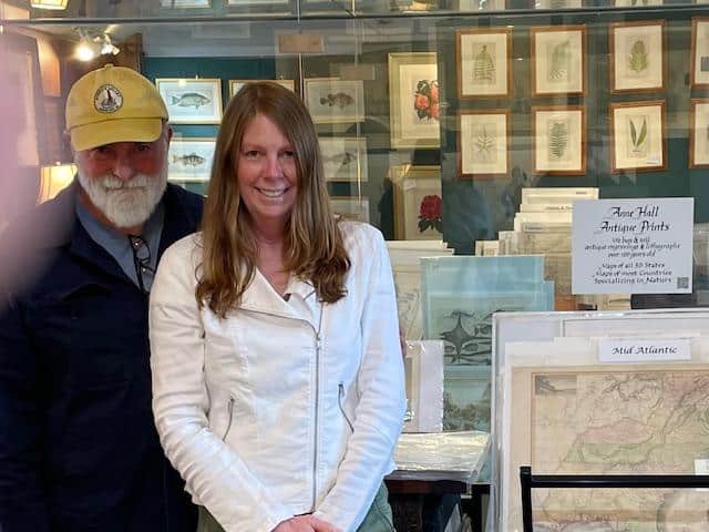 Anne Hall, of Anne Hall Antique Prints and Maps, in the Rare Prints Gallery, Newport Rhode Island. Anne with her husband Mark. The proprietors love old prints maps and rare books, almost all of them are 100 years-old, and up to 350 years of age.